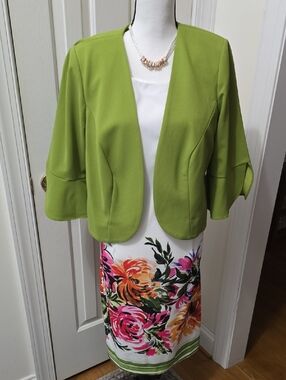 MAYA BROOKE WOMEN'S GREEN & WHITE FLORAL SLEEVELESS DRESS OPEN JACKET SIZE 14W